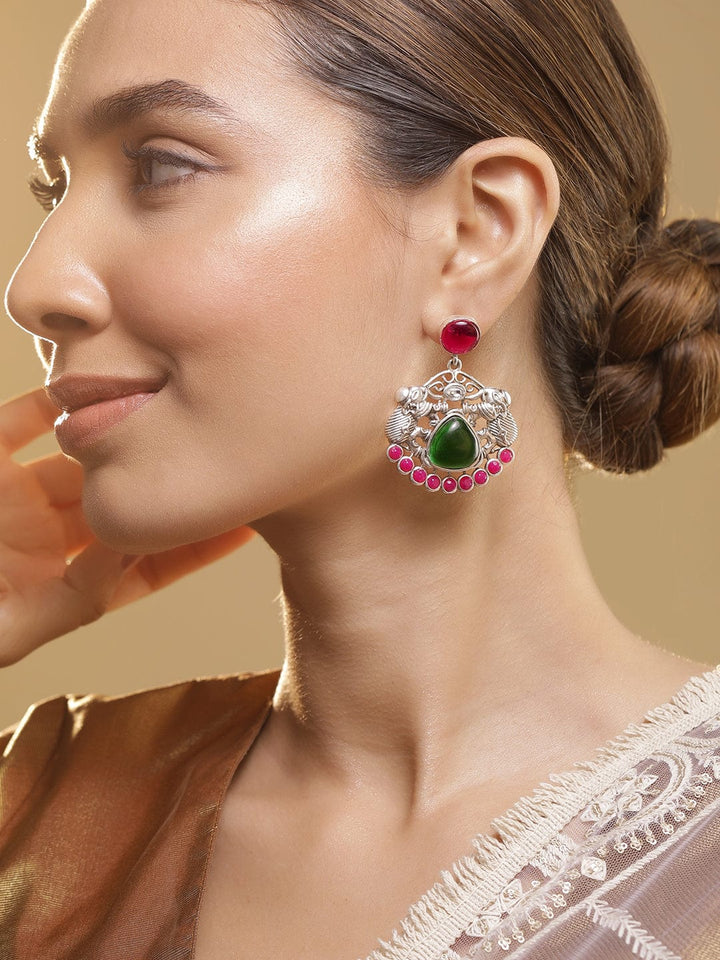 Oxidized Rhodium Plated Chandbali Earrings Featuring Pink & Green Kundan with Elephant Accent Earrings