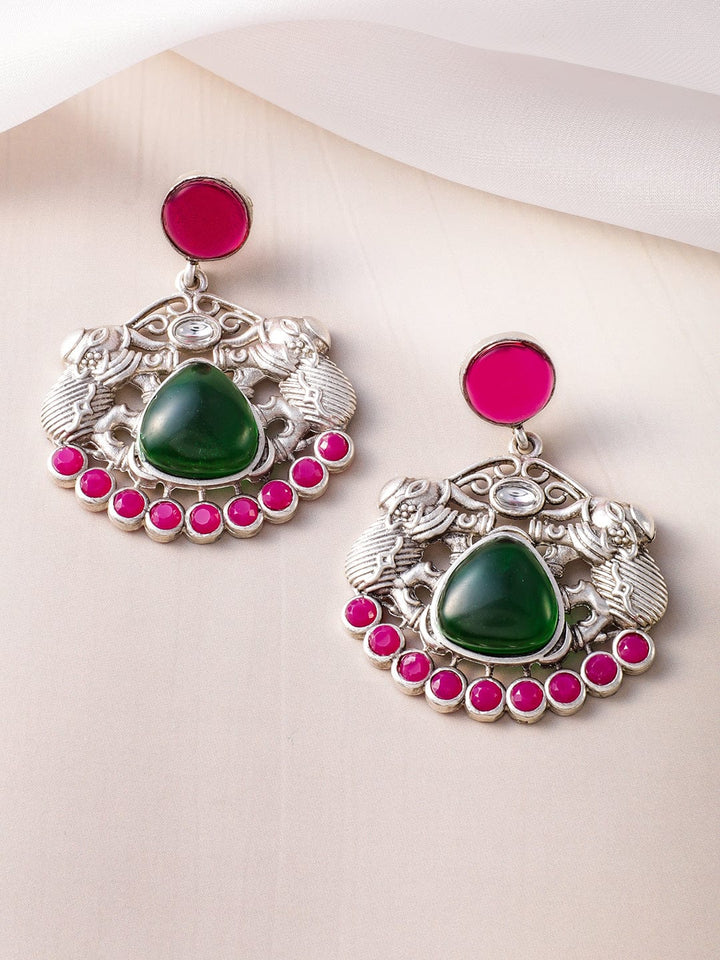 Oxidized Rhodium Plated Chandbali Earrings Featuring Pink & Green Kundan with Elephant Accent Earrings