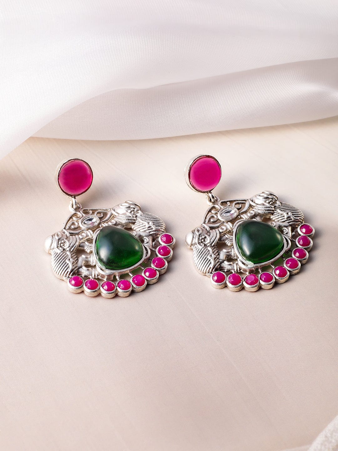 Oxidized Rhodium Plated Chandbali Earrings Featuring Pink & Green Kundan with Elephant Accent Earrings