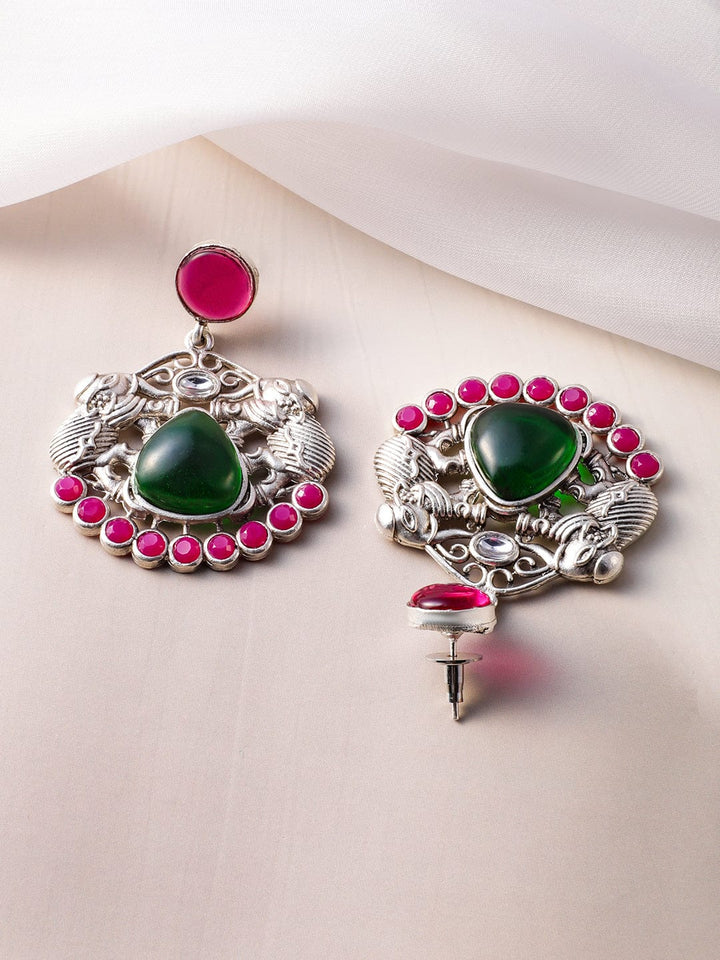 Oxidized Rhodium Plated Chandbali Earrings Featuring Pink & Green Kundan with Elephant Accent Earrings