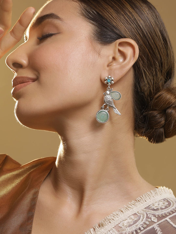 Oxidized Rhodium Plated Drop Earrings with Aqua Green Stone and Bird Design Earrings