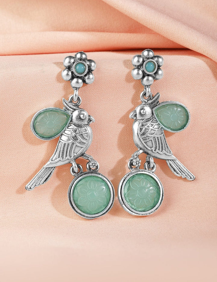 Oxidized Rhodium Plated Drop Earrings with Aqua Green Stone and Bird Design Earrings