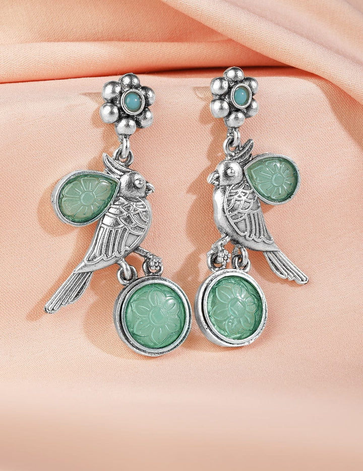 Oxidized Rhodium Plated Drop Earrings with Aqua Green Stone and Bird Design Earrings