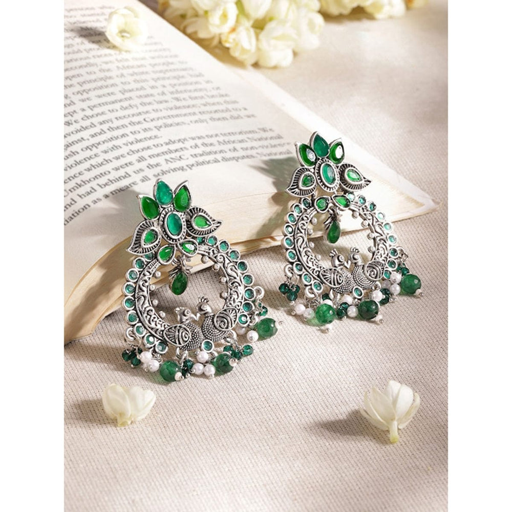 Oxidized Silver Emerald green stone studded pearl beaded statement earrings Earrings