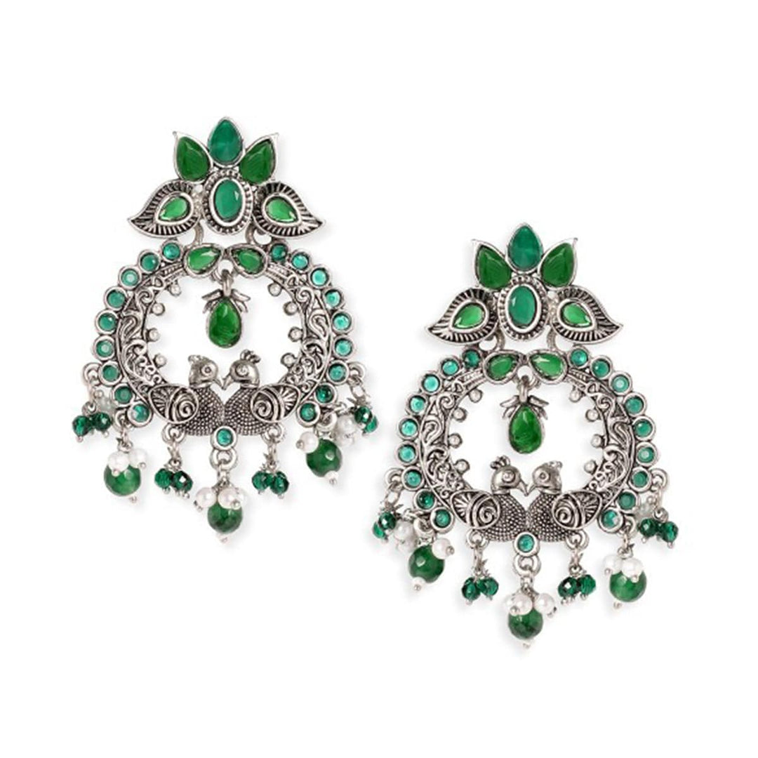 Oxidized Silver Emerald green stone studded pearl beaded statement earrings Earrings