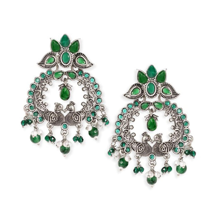 Oxidized Silver Emerald green stone studded pearl beaded statement earrings Earrings