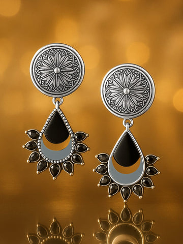 Oxidized Silver-Plated Black and Mirror Work Drop Earrings Drop Earrings