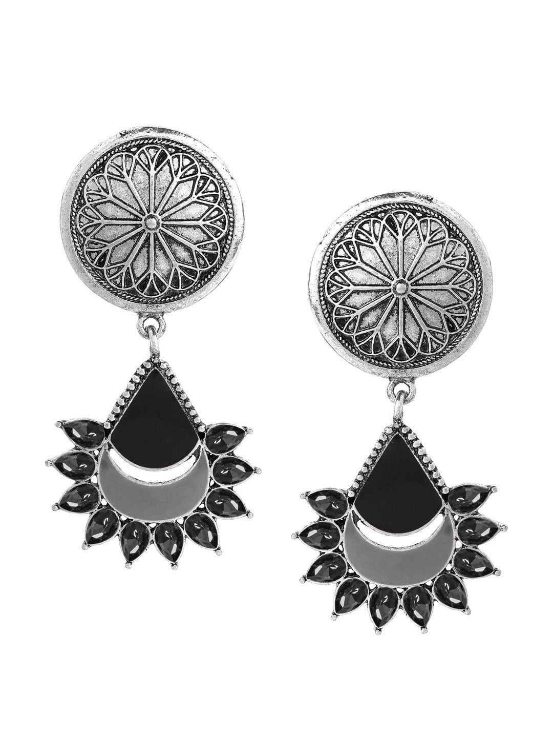 Oxidized Silver-Plated Black and Mirror Work Drop Earrings Drop Earrings