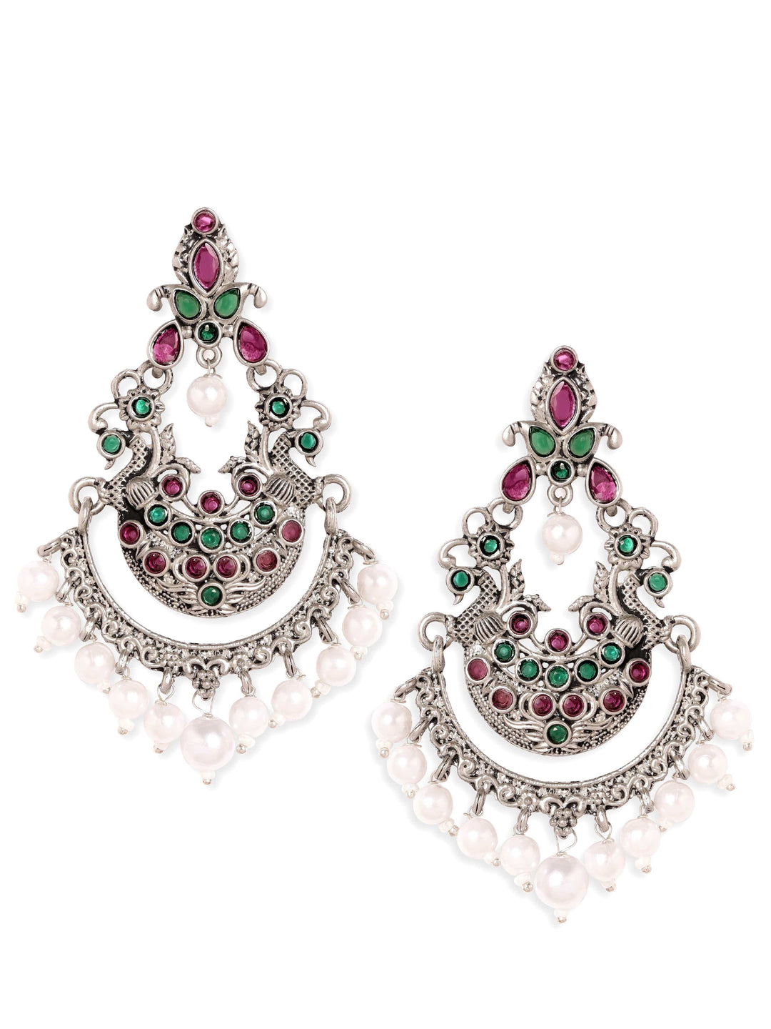 Oxidized silver plated Kemp crystal with pearl dangle chandbali Earrings Earrings