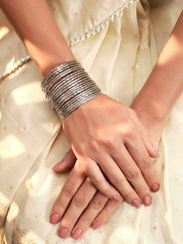 Oxidized Silver plated Layered Bangles embossed pattern Chic Statement Cuff Bracelet Bangles & Bracelets