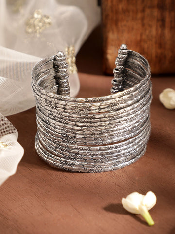 Oxidized Silver plated Layered Bangles embossed pattern Chic Statement Cuff Bracelet Bangles & Bracelets