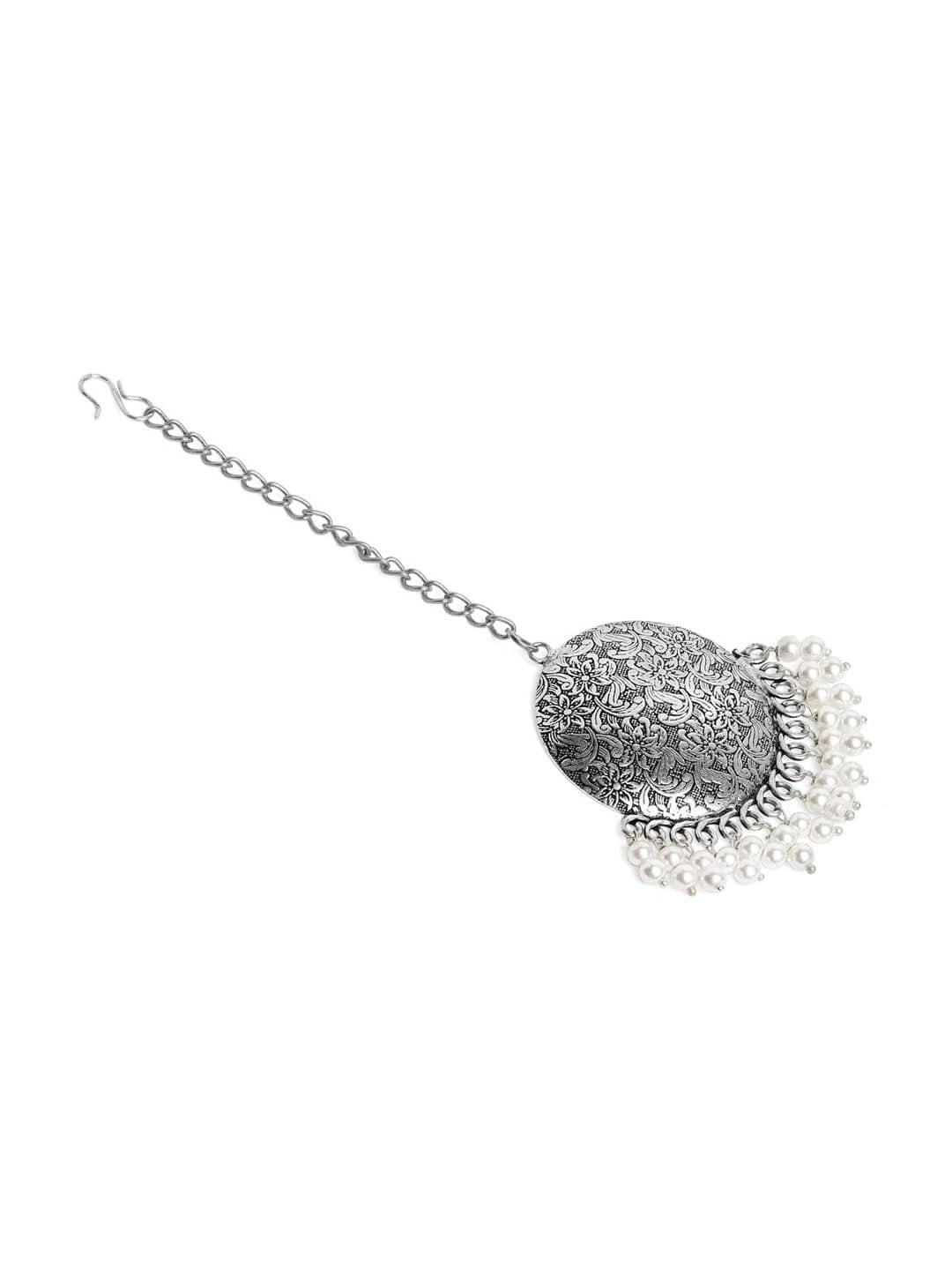 Oxidized Silver-Plated Maang Tikka and Earrings Set with White Beads Detailing Jewellery Set