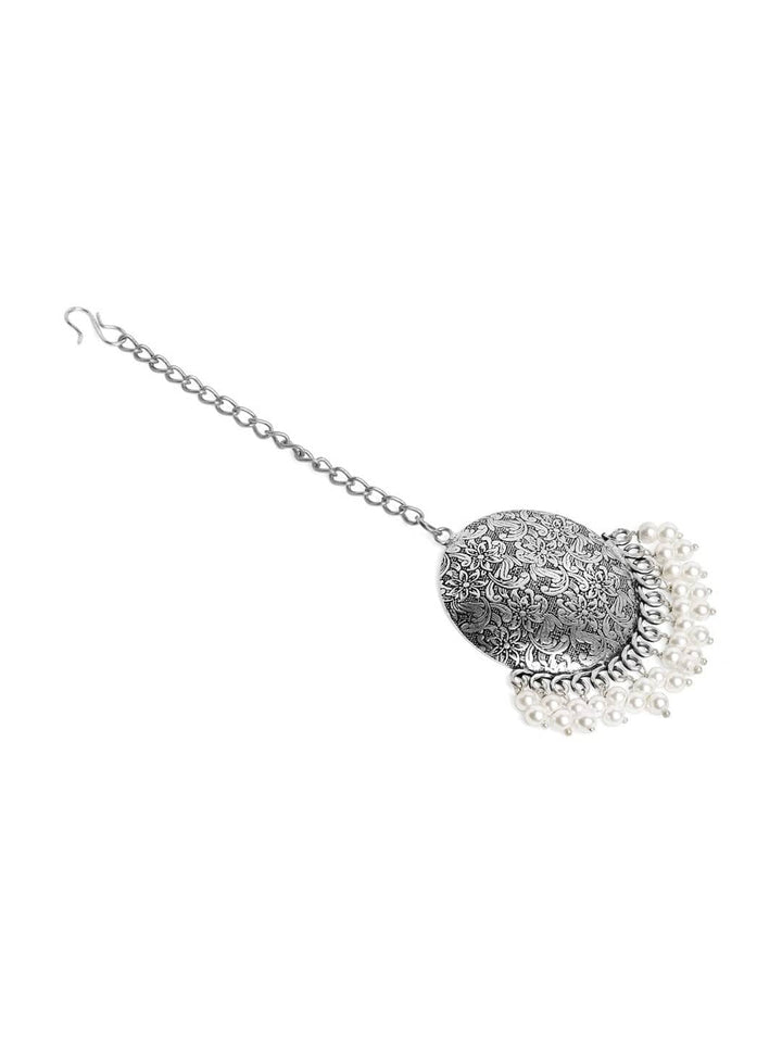 Oxidized Silver-Plated Maang Tikka and Earrings Set with White Beads Detailing Jewellery Set