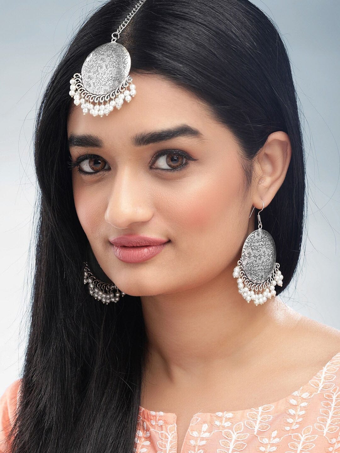 Oxidized Silver-Plated Maang Tikka and Earrings Set with White Beads Detailing Jewellery Set