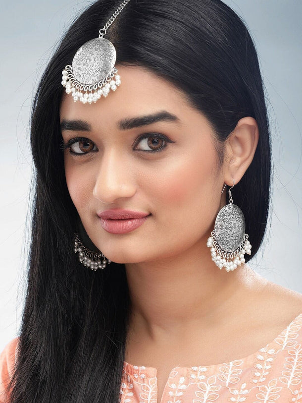 Oxidized Silver-Plated Maang Tikka and Earrings Set with White Beads Detailing Jewellery Set