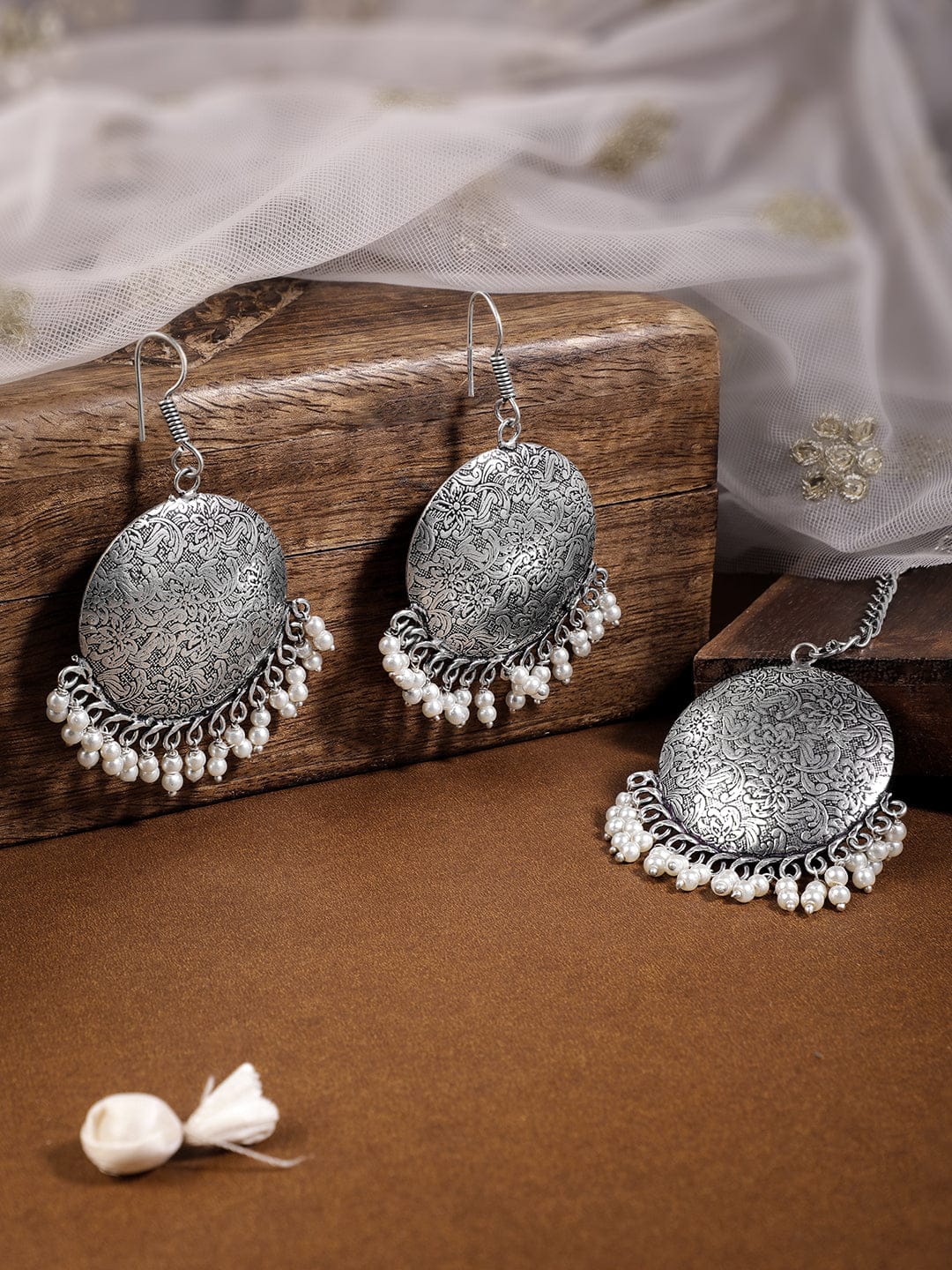 Oxidized Silver-Plated Maang Tikka and Earrings Set with White Beads Detailing Jewellery Set