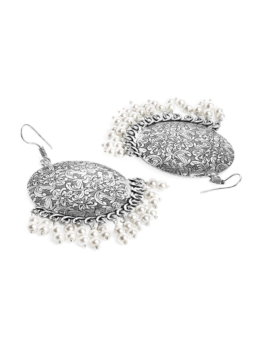 Oxidized Silver-Plated Maang Tikka and Earrings Set with White Beads Detailing Jewellery Set