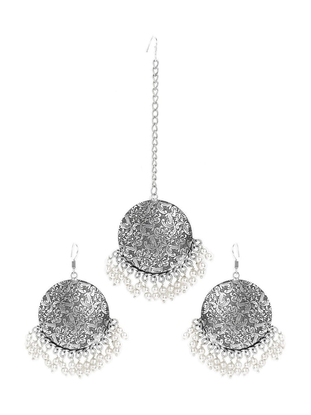 Oxidized Silver-Plated Maang Tikka and Earrings Set with White Beads Detailing Jewellery Set