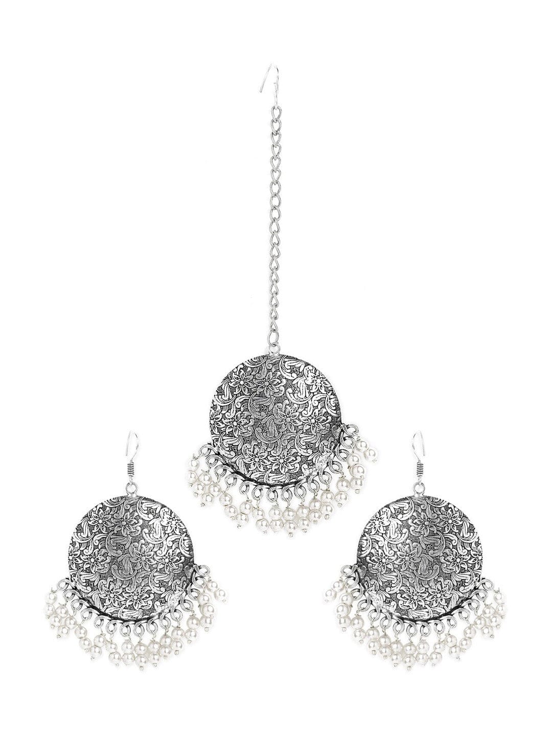 Oxidized Silver-Plated Maang Tikka and Earrings Set with White Beads Detailing Jewellery Set