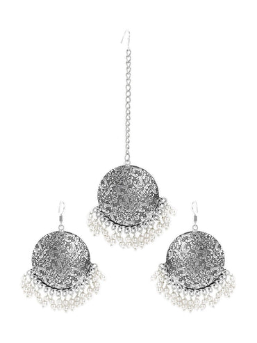 Oxidized Silver-Plated Maang Tikka and Earrings Set with White Beads Detailing Jewellery Set