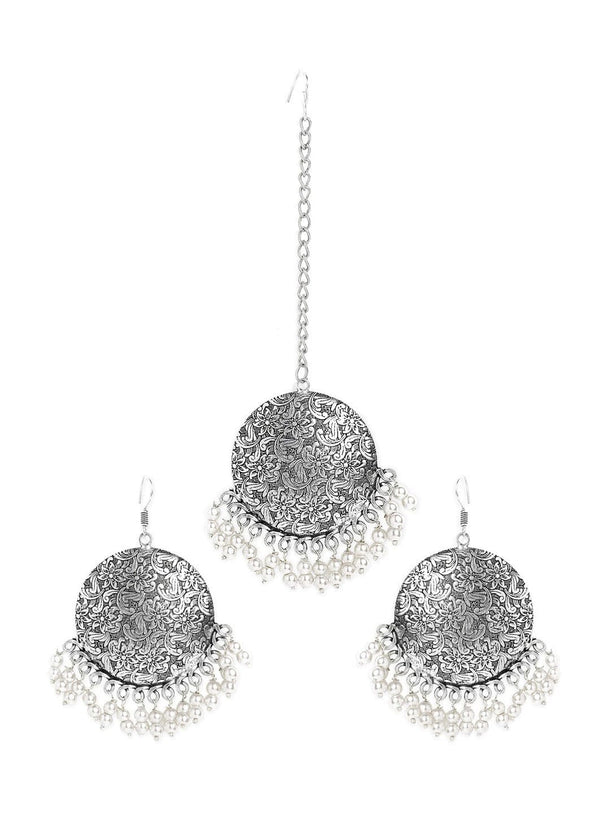 Oxidized Silver-Plated Maang Tikka and Earrings Set with White Beads Detailing Jewellery Set