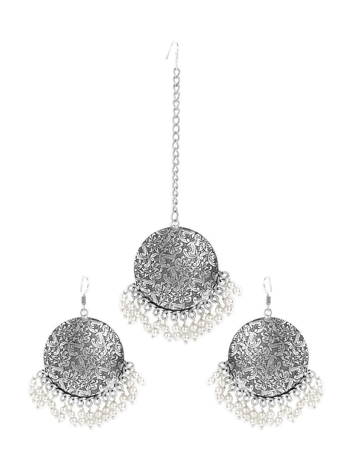 Oxidized Silver-Plated Maang Tikka and Earrings Set with White Beads Detailing Jewellery Set