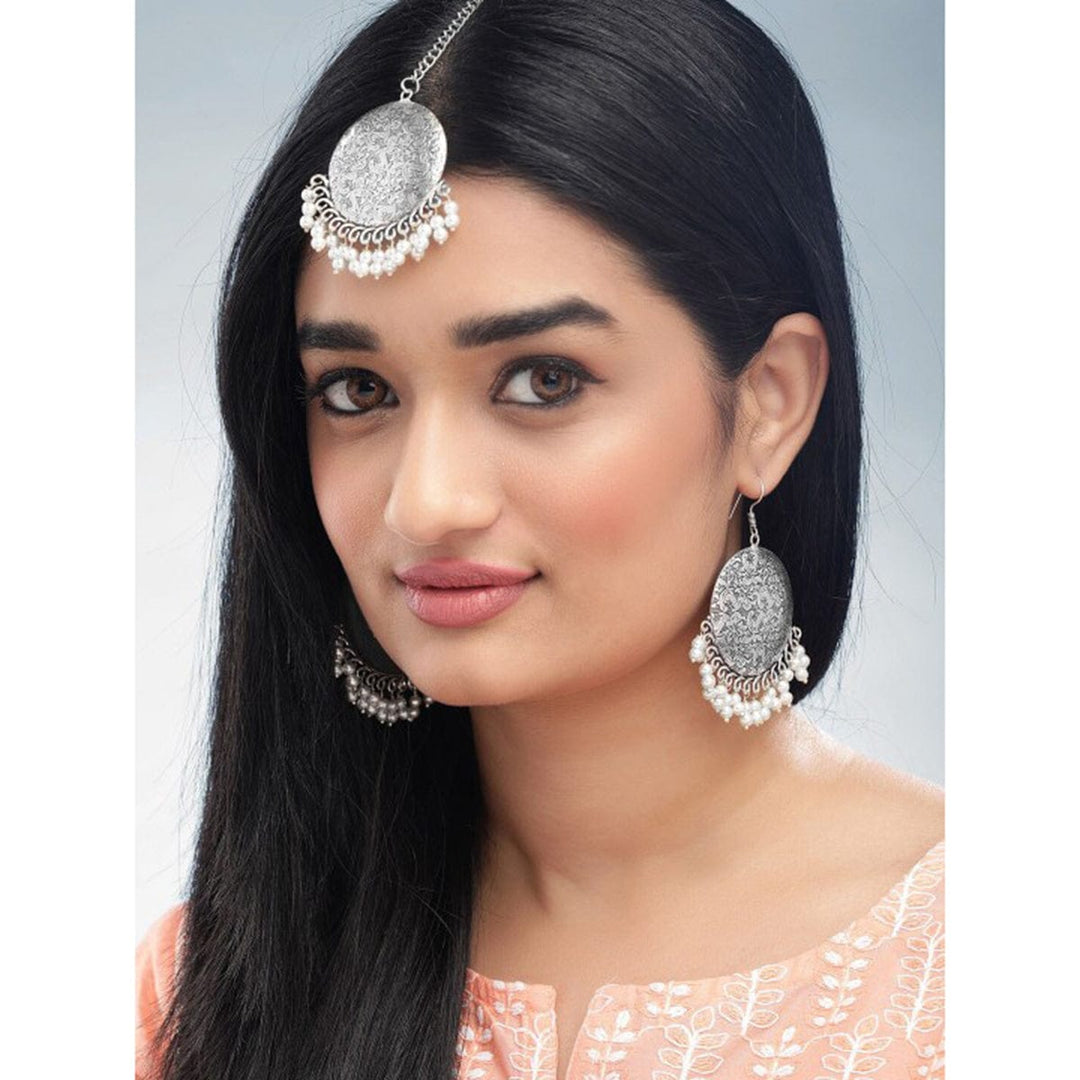 Oxidized Silver-Plated Maang Tikka and Earrings Set with White