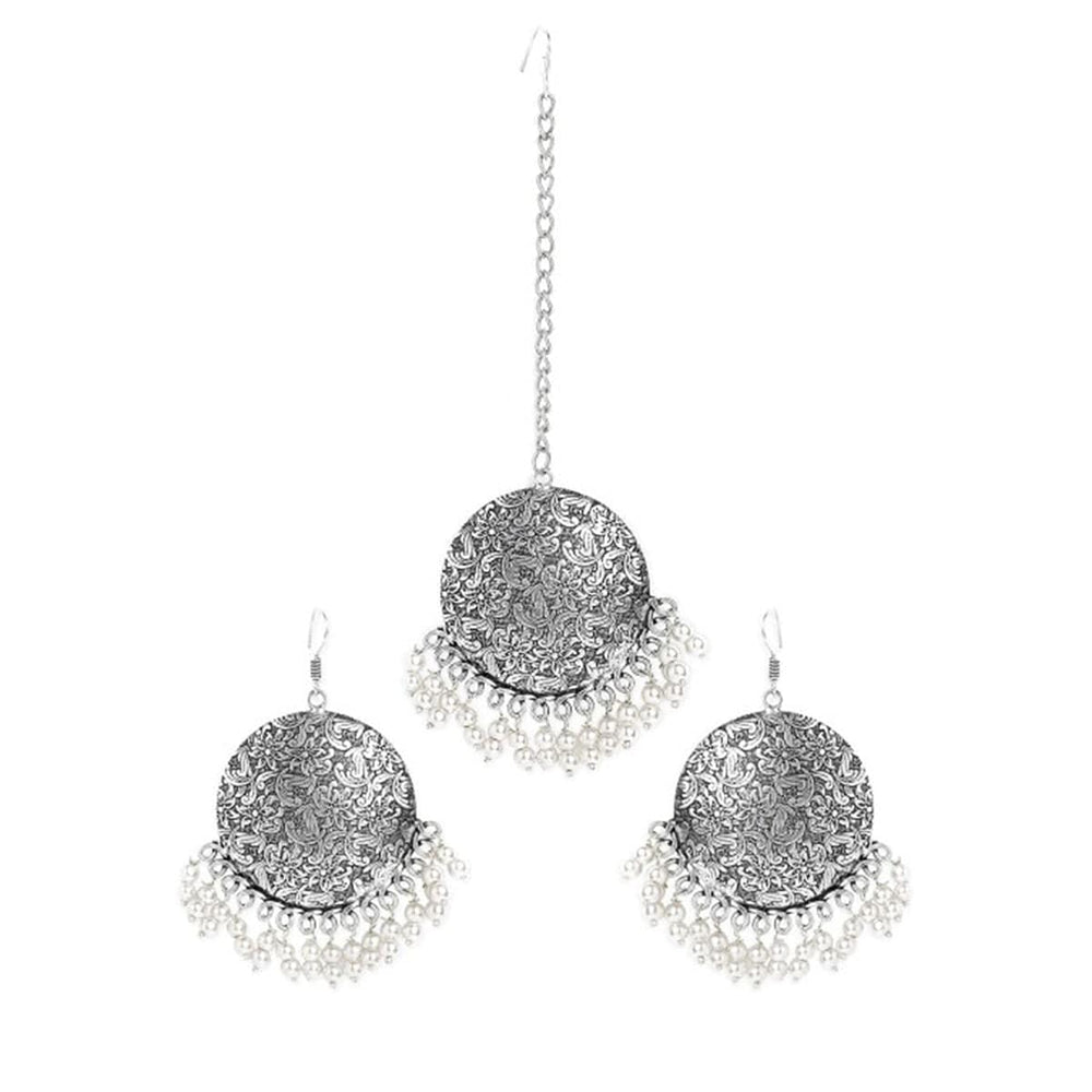 Oxidized Silver-Plated Maang Tikka and Earrings Set with White Beads Detailing Maang Tika and Earrings Set