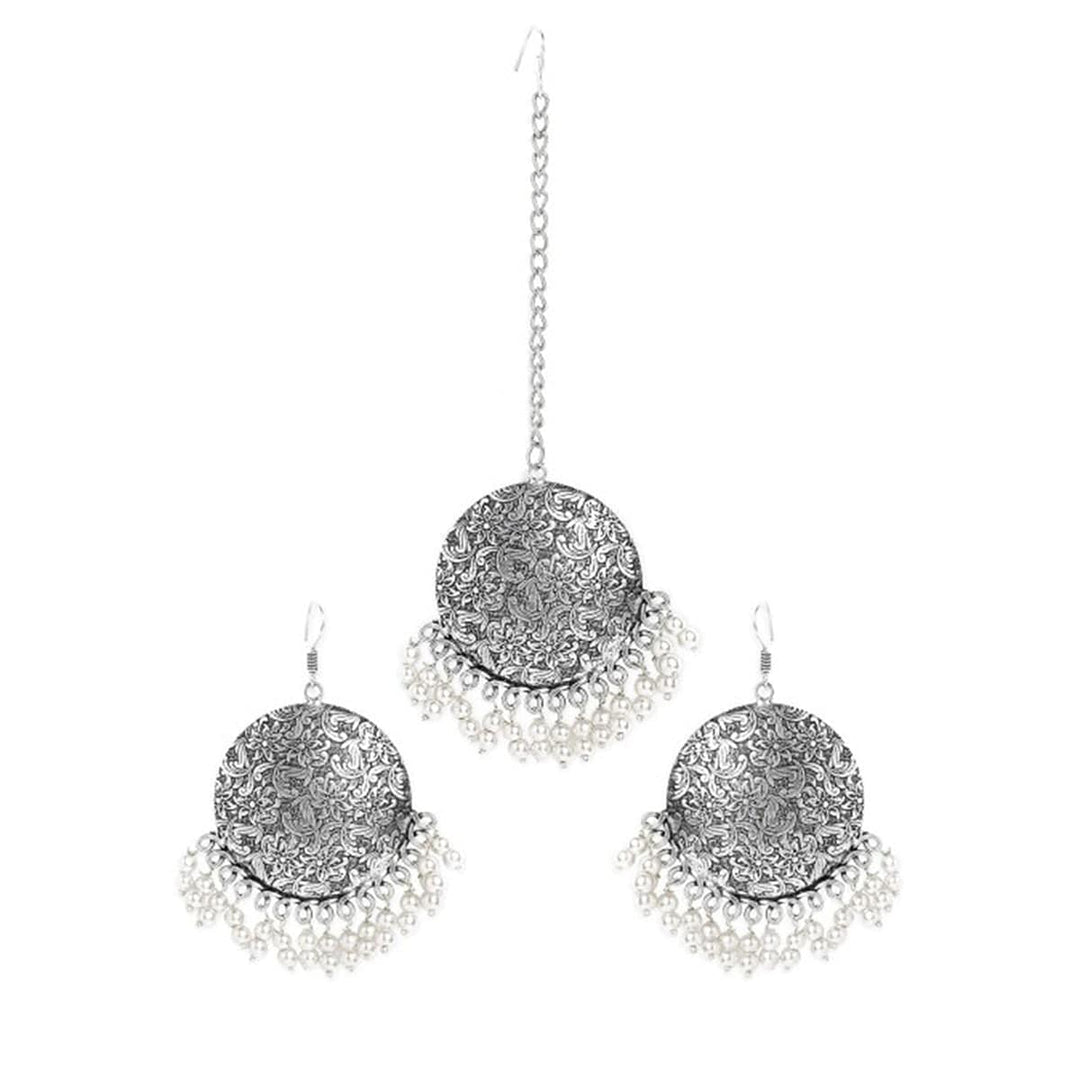 Oxidized Silver-Plated Maang Tikka and Earrings Set with White Beads Detailing Maang Tika and Earrings Set