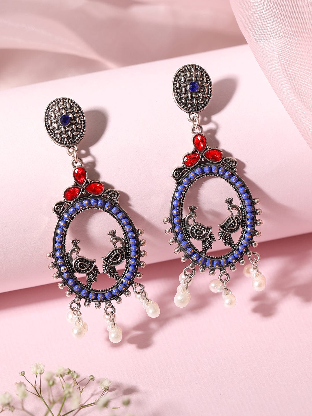 Oxidized Silver-Plated Oval Peacock Drop Earrings with Blue & Red AD Stones & Pearl Beads Drop Earrings