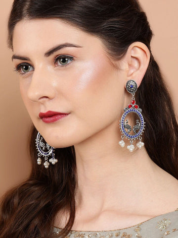 Oxidized Silver-Plated Oval Peacock Drop Earrings with Blue & Red AD Stones & Pearl Beads Earrings
