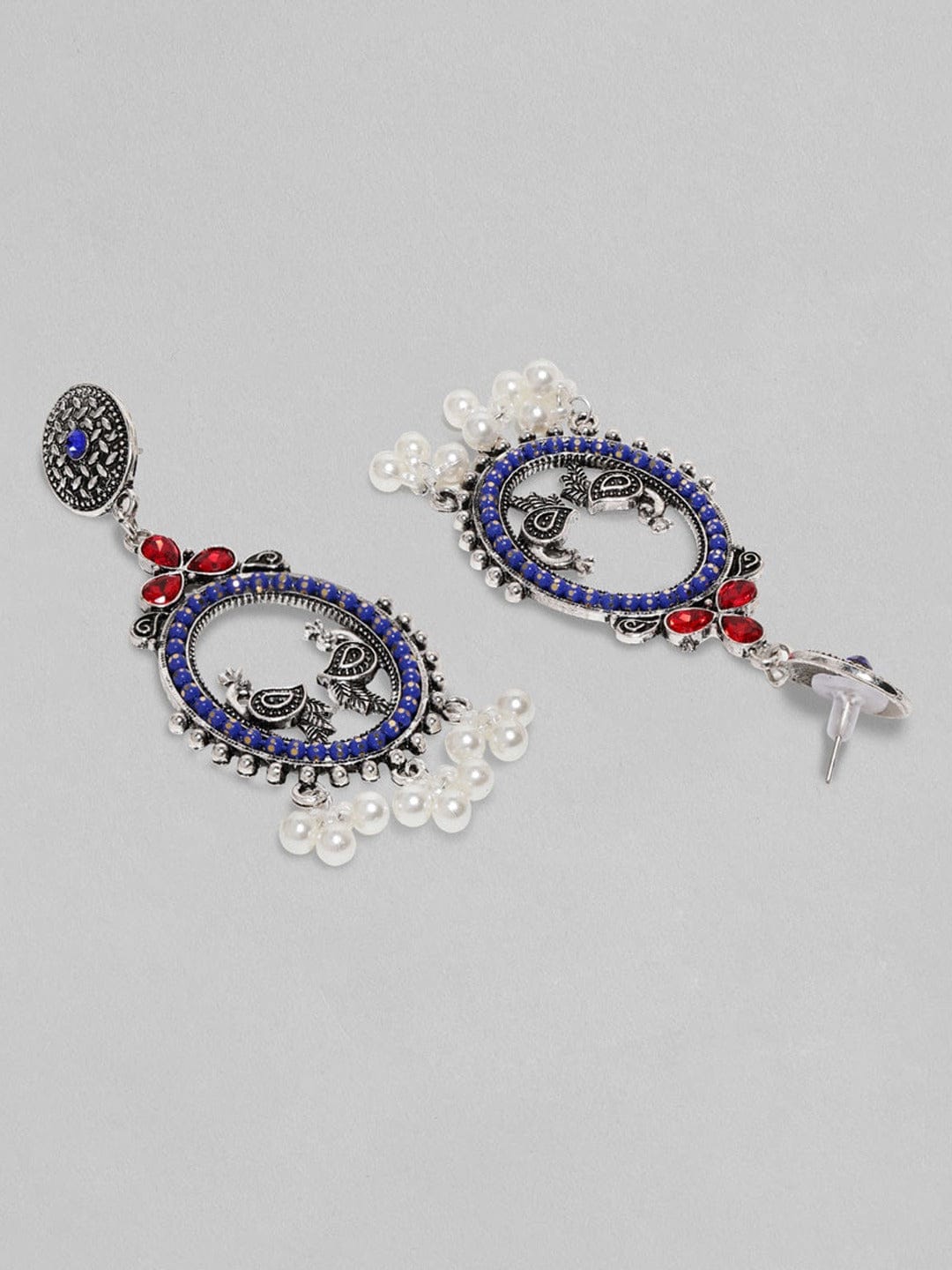 Oxidized Silver-Plated Oval Peacock Drop Earrings with Blue & Red AD Stones & Pearl Beads Earrings