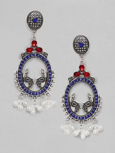 Oxidized Silver-Plated Oval Peacock Drop Earrings with Blue & Red AD Stones & Pearl Beads Earrings