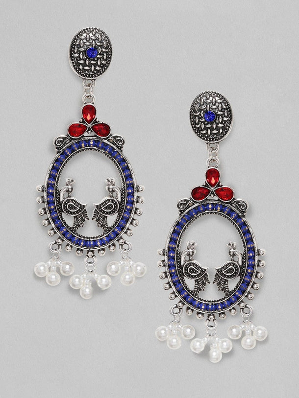 Oxidized Silver-Plated Oval Peacock Drop Earrings with Blue & Red AD Stones & Pearl Beads Earrings