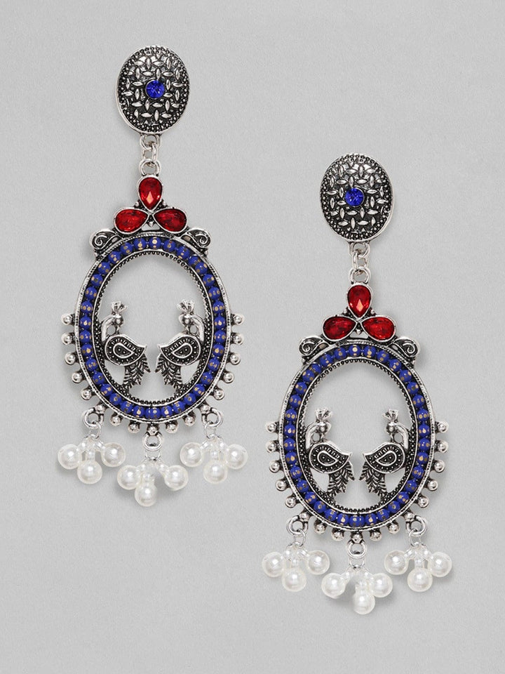 Oxidized Silver-Plated Oval Peacock Drop Earrings with Blue & Red AD Stones & Pearl Beads Earrings