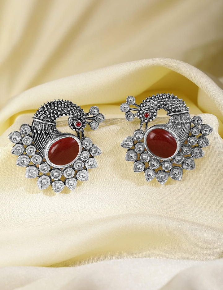 Oxidized Silver Plated Peacock Motif Stud Earrings with Ruby Studded Studs