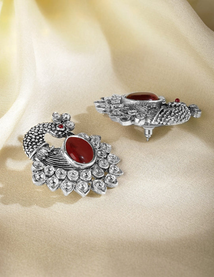 Oxidized Silver Plated Peacock Motif Stud Earrings with Ruby Studded Studs