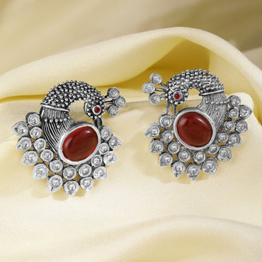 Oxidized Silver Plated Peacock Motif Stud Earrings with Ruby Studded Studs