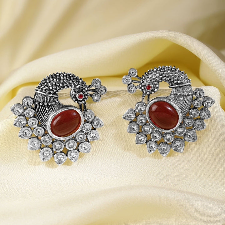 Oxidized Silver Plated Peacock Motif Stud Earrings with Ruby Studded Studs