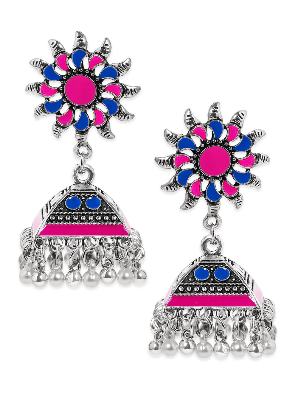 Oxidized Silver-Plated Pink & Blue Enamel Sunflower Jhumka Earrings with Ghungroo Beads Jhumka