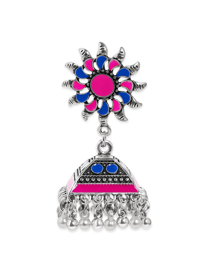 Oxidized Silver-Plated Pink & Blue Enamel Sunflower Jhumka Earrings with Ghungroo Beads Jhumka