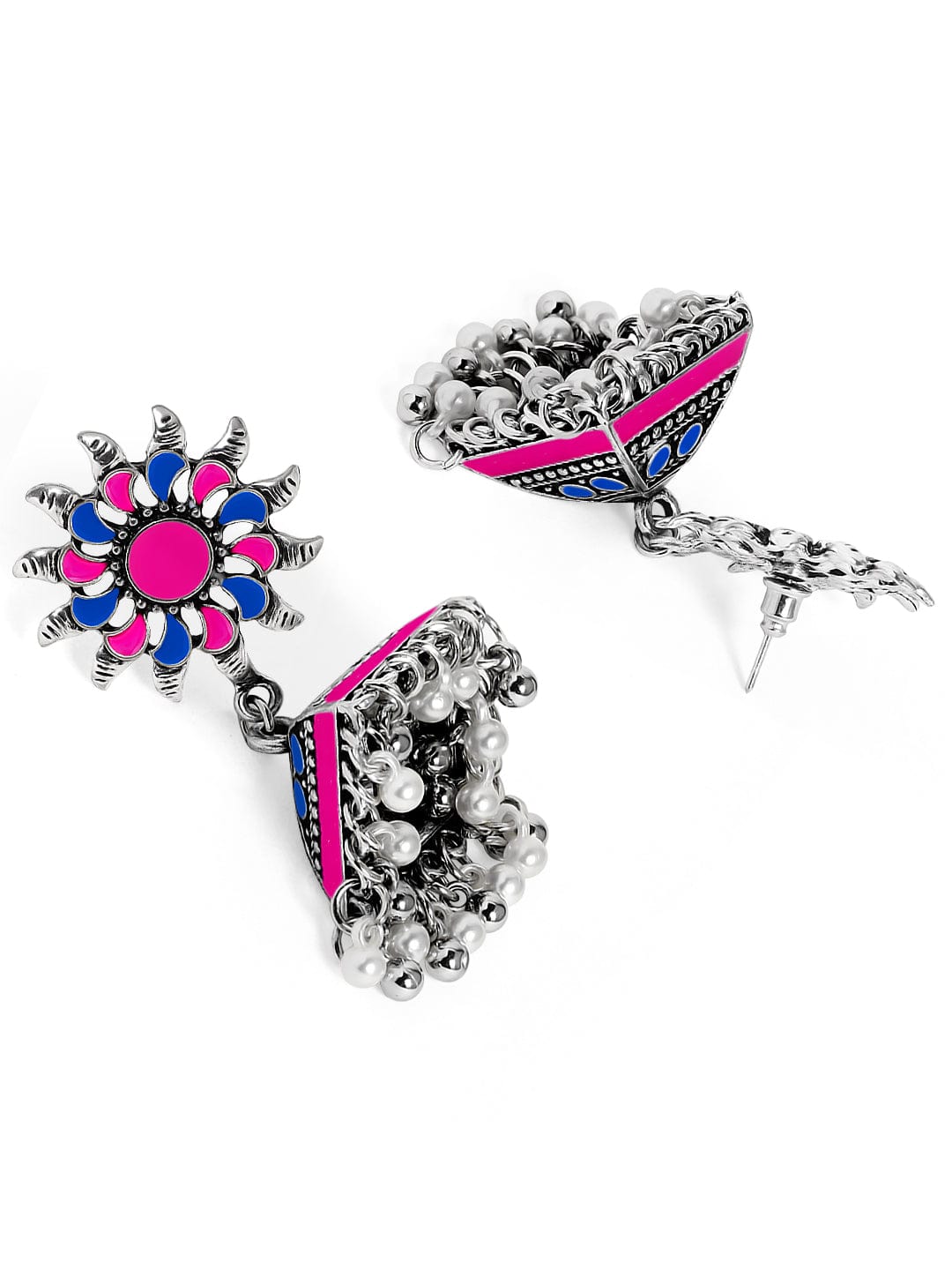 Oxidized Silver-Plated Pink & Blue Enamel Sunflower Jhumka Earrings with Ghungroo Beads Jhumka