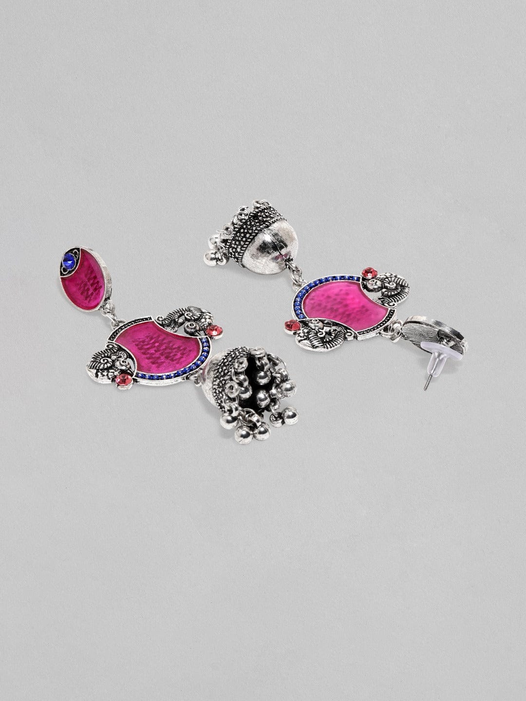 Oxidized Silver-Plated Red Enamel Jhumka Earrings with Peacock Motif Earrings