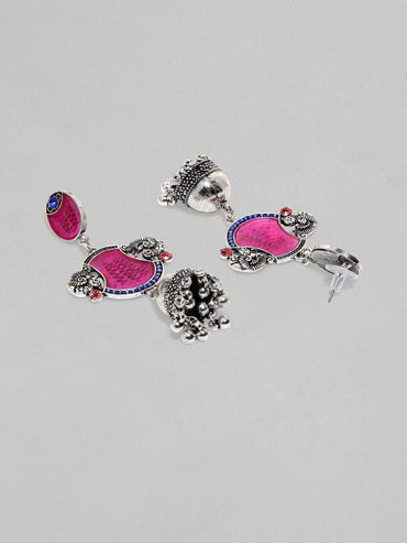 Oxidized Silver-Plated Red Enamel Jhumka Earrings with Peacock Motif Earrings