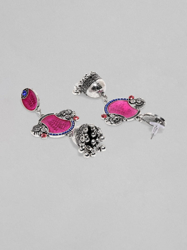 Oxidized Silver-Plated Red Enamel Jhumka Earrings with Peacock Motif Earrings