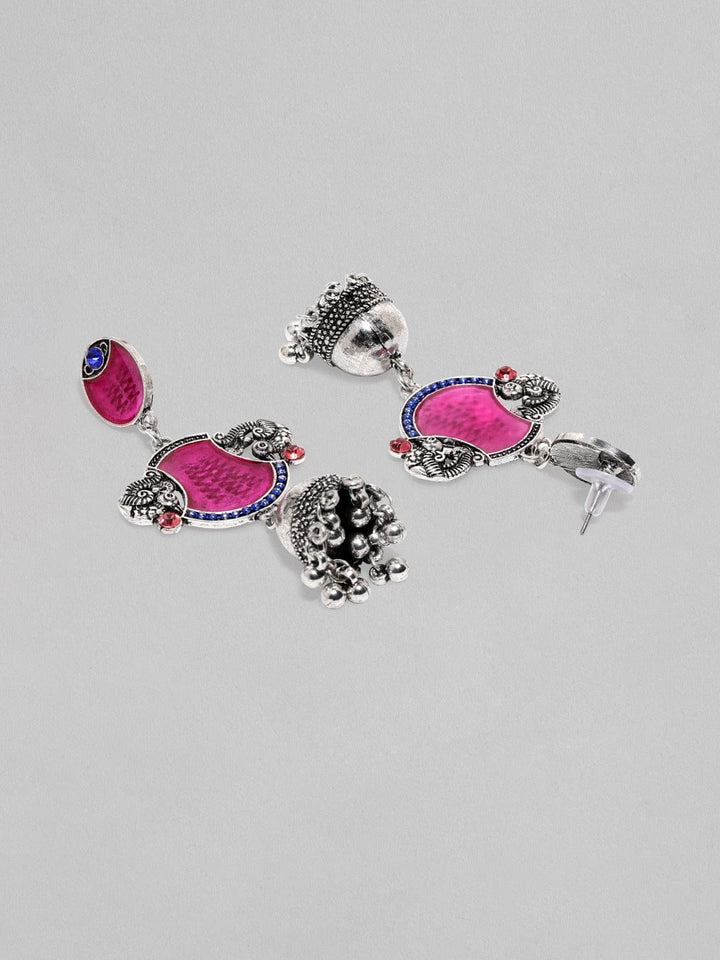 Oxidized Silver-Plated Red Enamel Jhumka Earrings with Peacock Motif Earrings