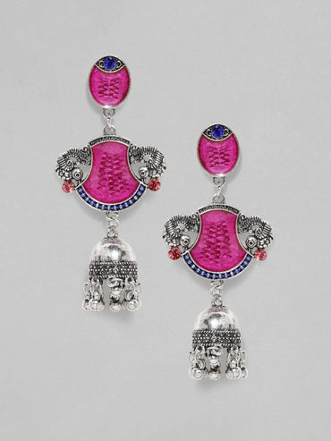 Oxidized Silver-Plated Red Enamel Jhumka Earrings with Peacock Motif Earrings