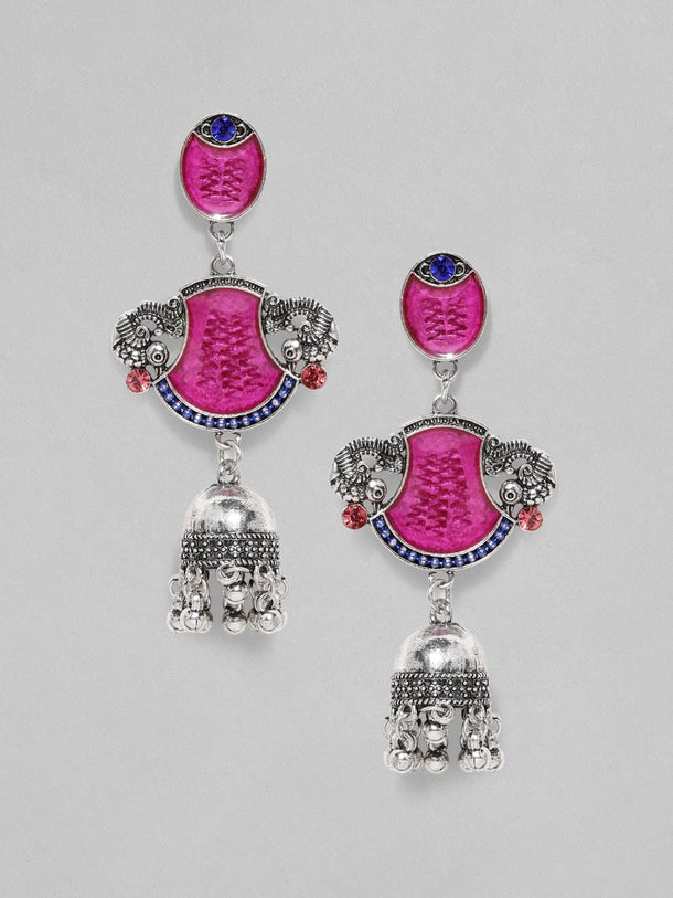 Oxidized Silver-Plated Red Enamel Jhumka Earrings with Peacock Motif Earrings