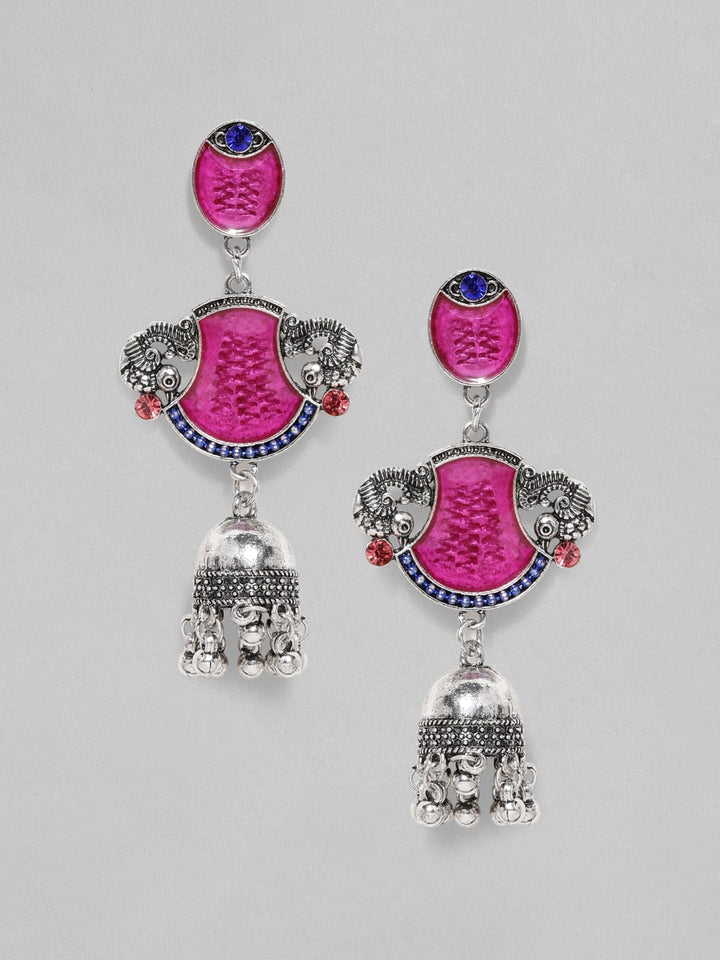 Oxidized Silver-Plated Red Enamel Jhumka Earrings with Peacock Motif Earrings