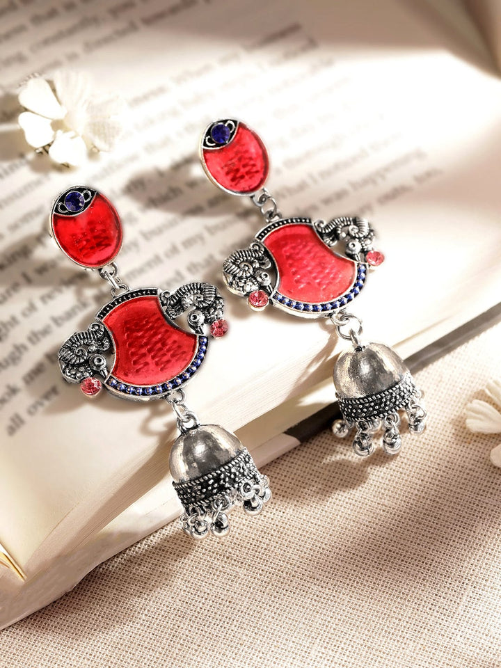 Oxidized Silver-Plated Red Enamel Jhumka Earrings with Peacock Motif Jhumka